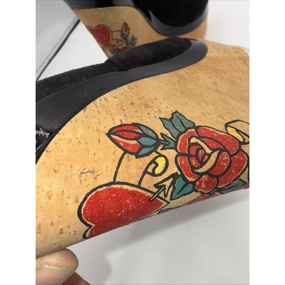 GUCCI READ **Black Suede SlingBack Cork Tattoo Wedge Platform Heel Sandals Sz 8 - Picture 13 of 14